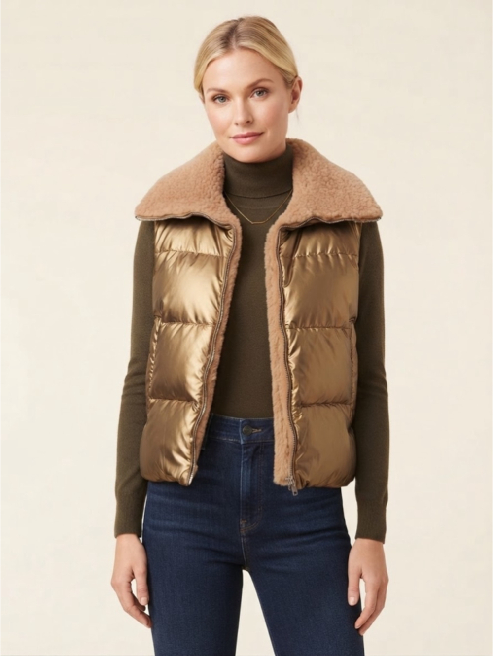 Adrienne Landau Reversible Metallic Gold & Faux Shearling Puffer Vest Size S NWT